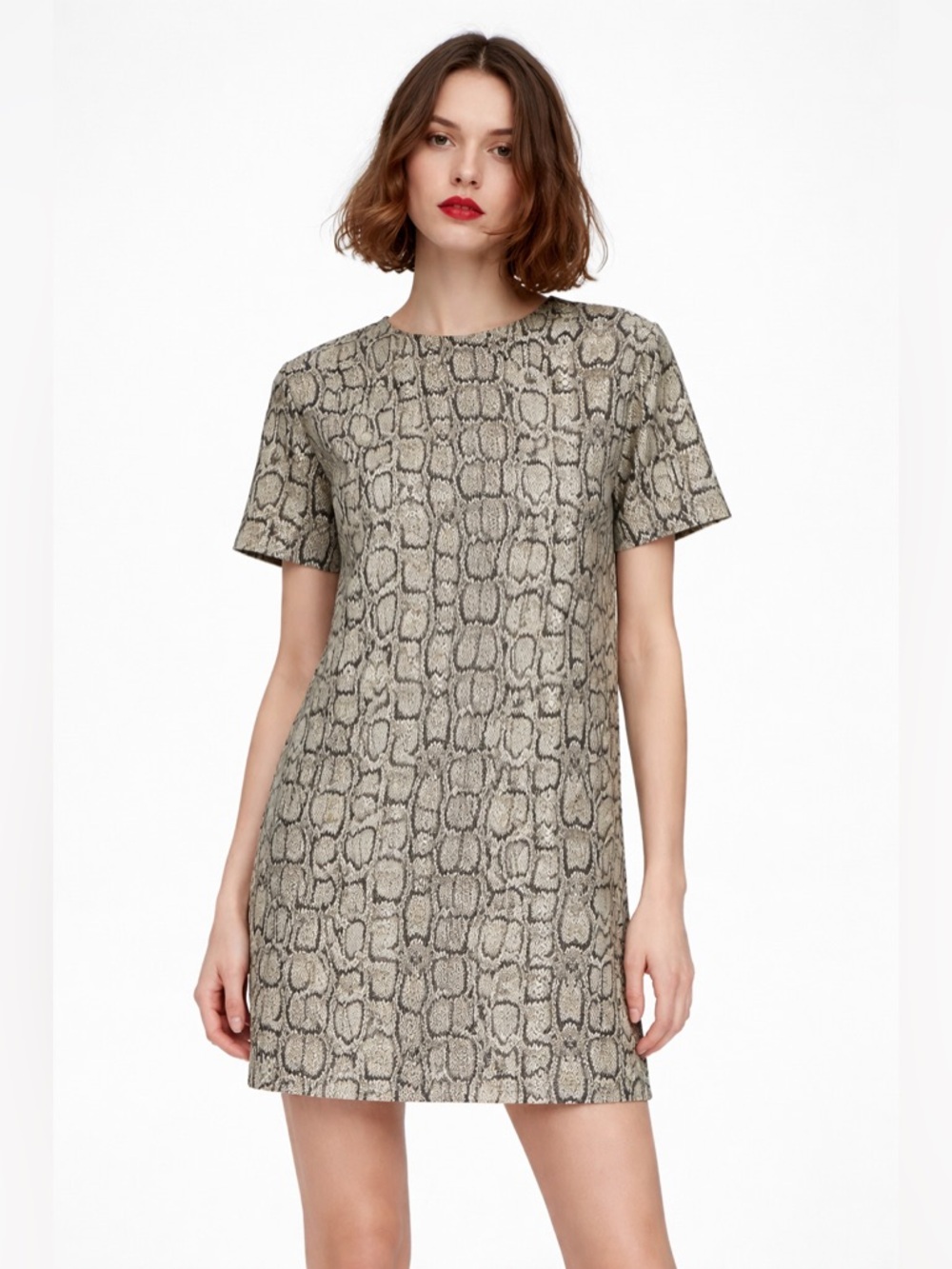 Zara Snake Print Shift Dress Mini Short Sleeve Neutral Animal Print size small